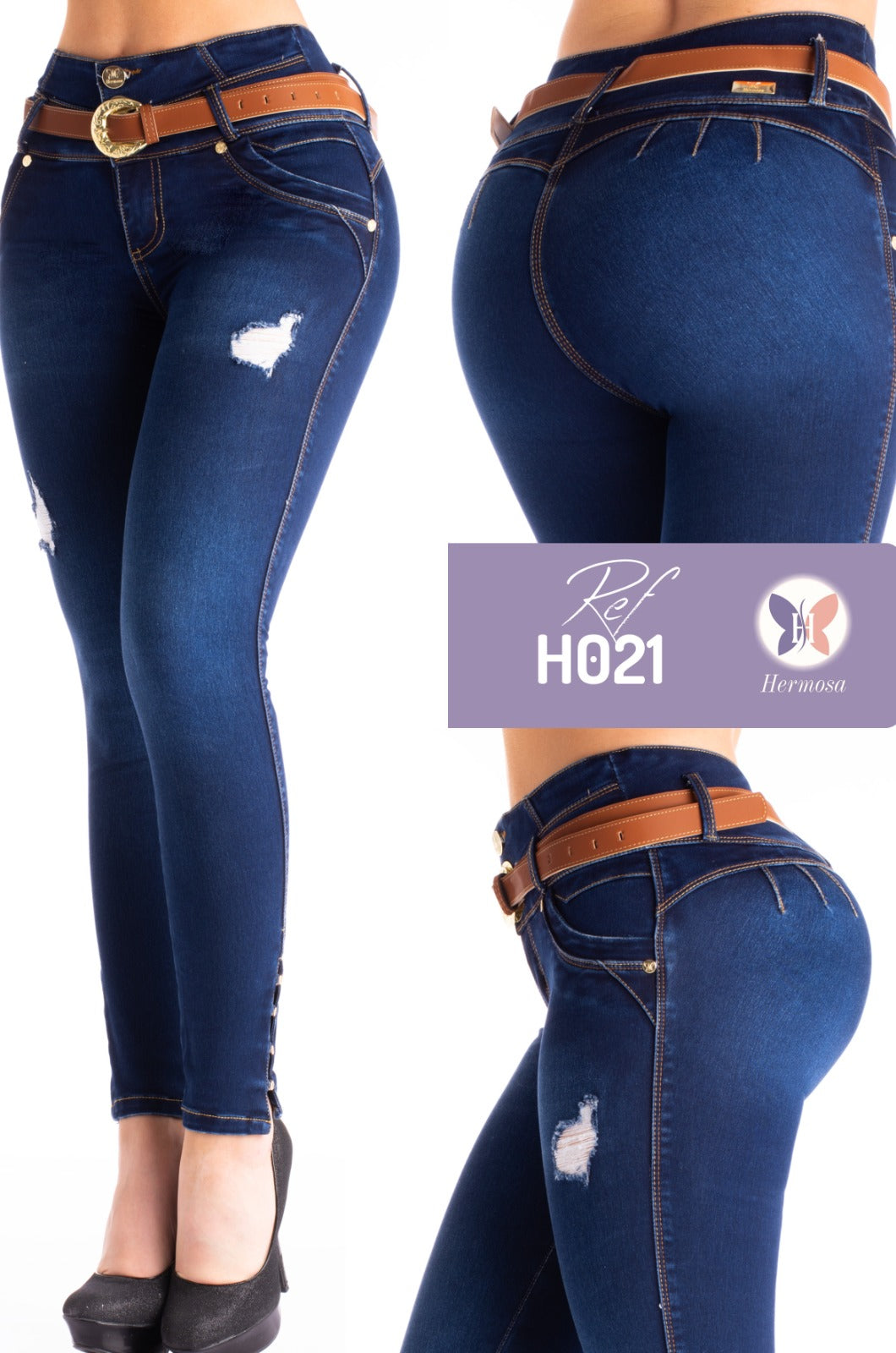 Jeans Push Up Azul Oscuro con Cinturón - H021