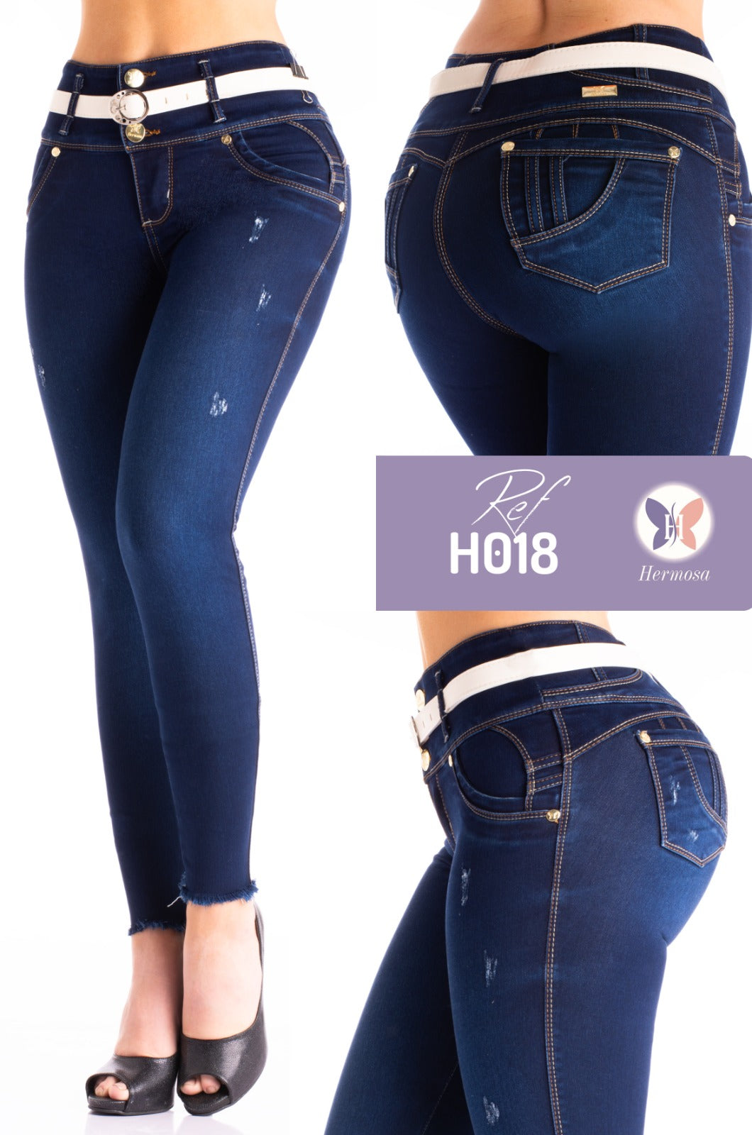 Jeans Push Up Azul Oscuro con Cinturón Blanco - H018
