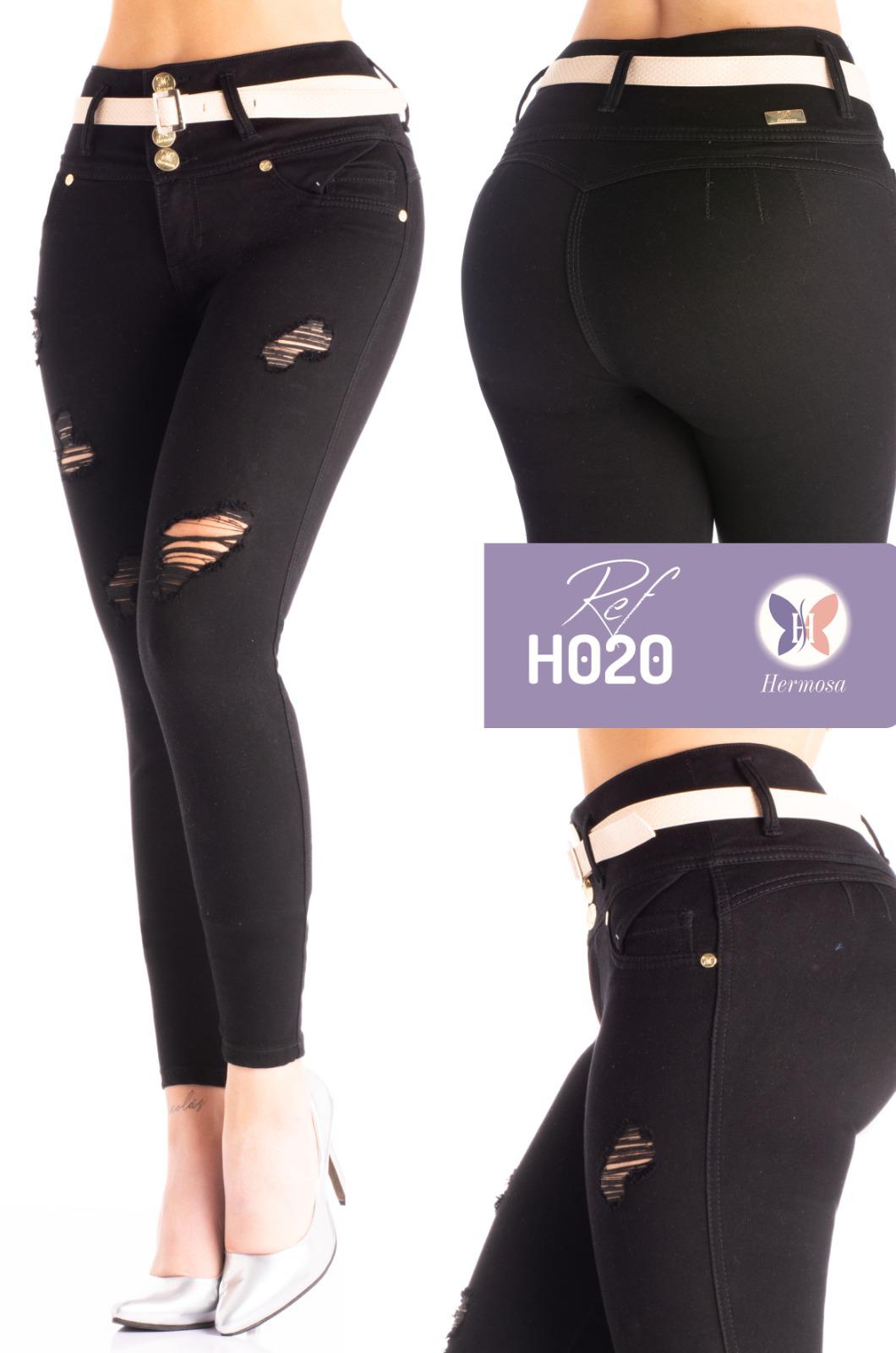 Ripped Black Push Up Jeans with White Belt - H020