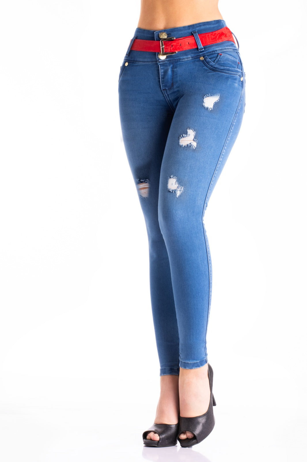 Ripped Blue Push Up Jeans with Red Belt - H022