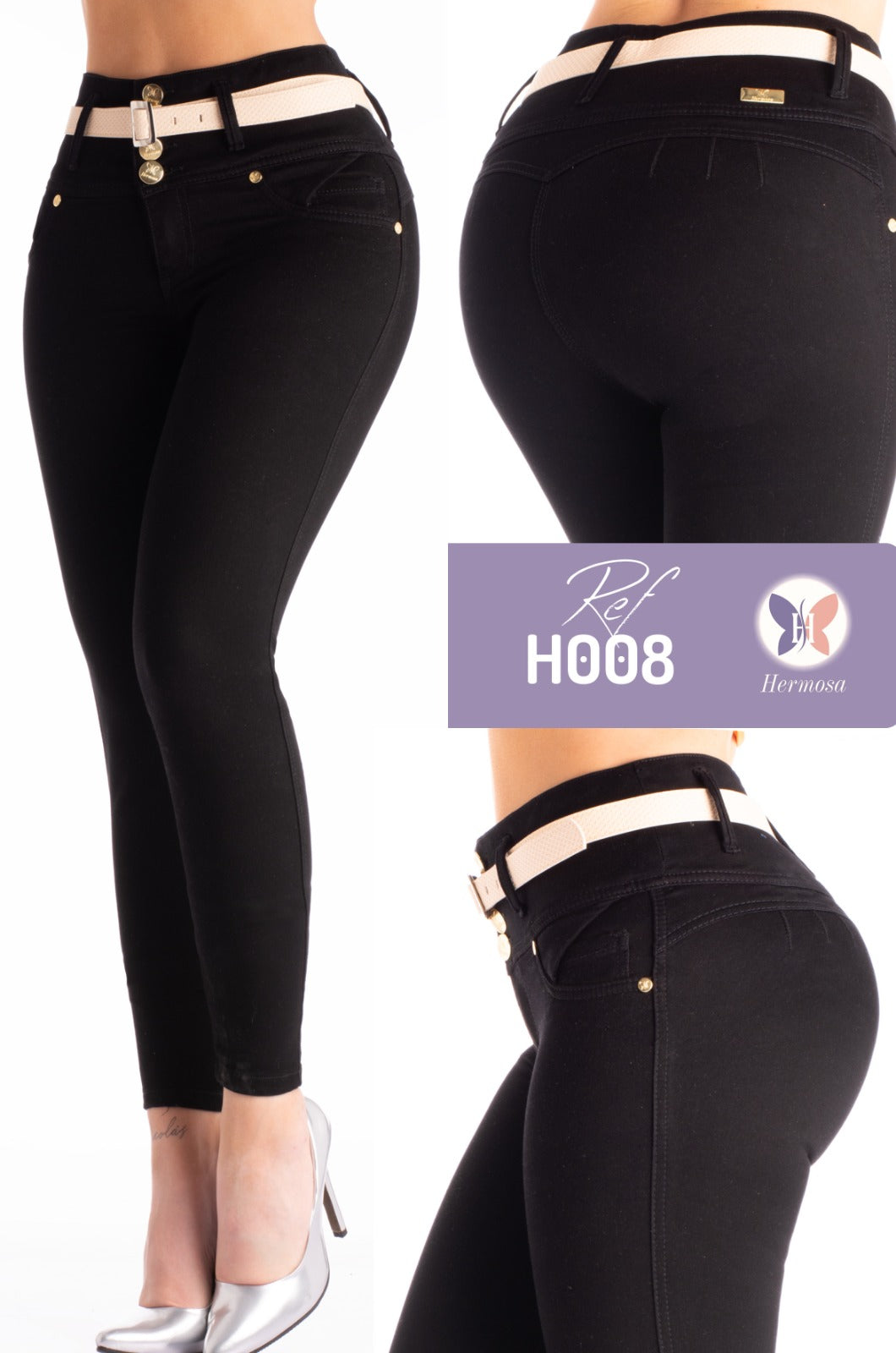 Black Push Up Jeans with White Belt - H008
