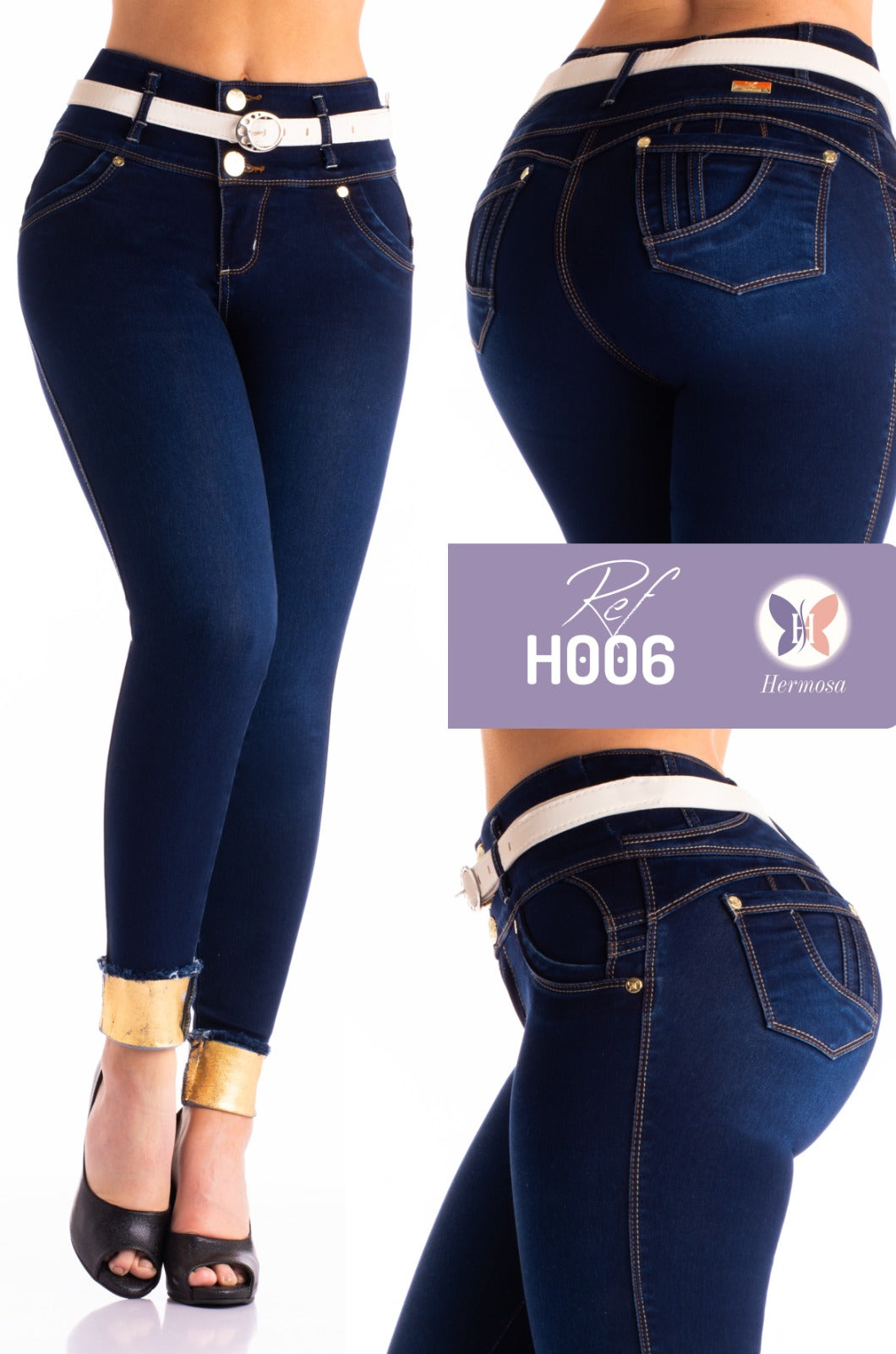 Dark Blue Push Up Jeans with White Belt - H006