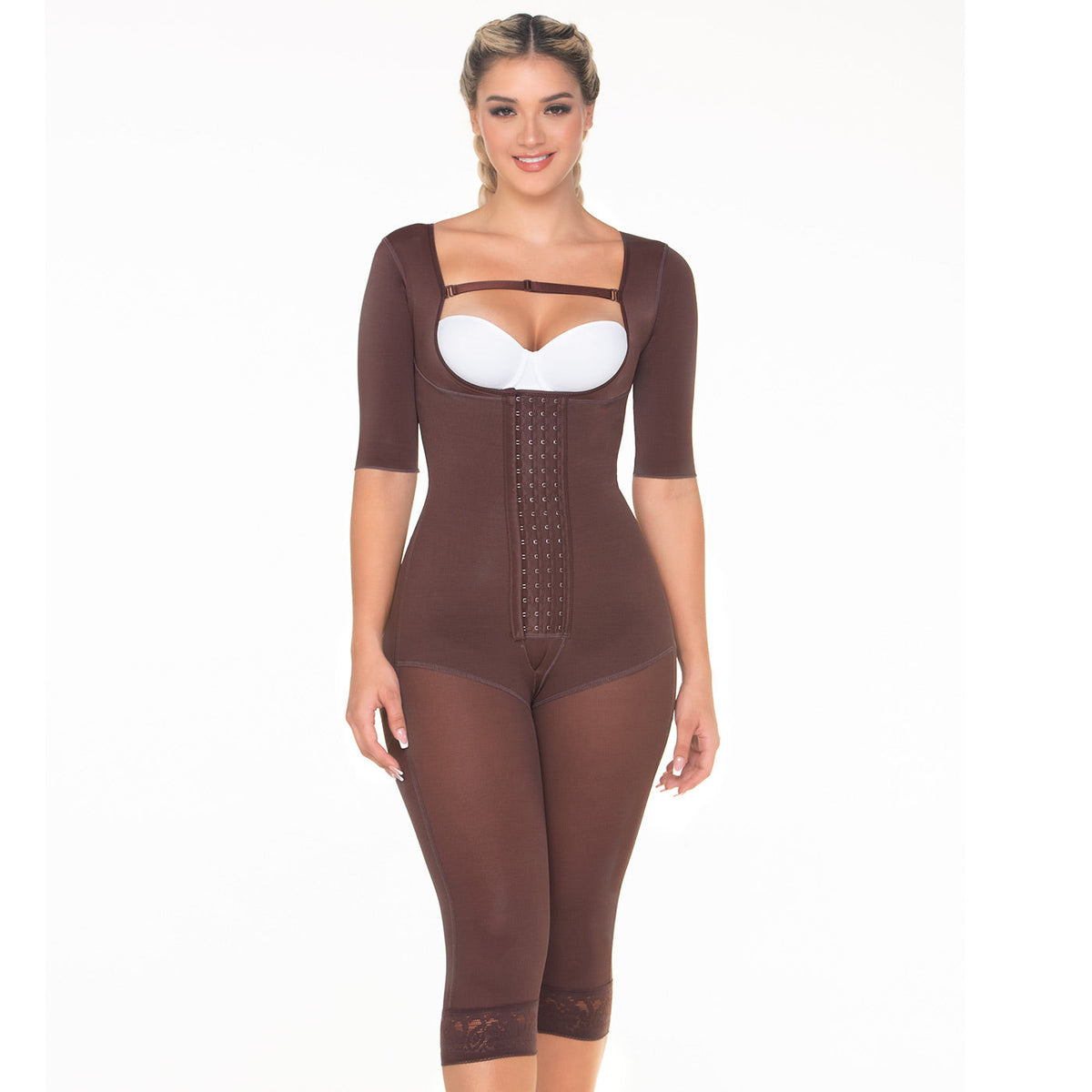 Fajas MariaE FQ114 | Post Surgery Colombian Shapewear | Knee Length Bodysuit | With Sleeves | Lipo Compression Garment