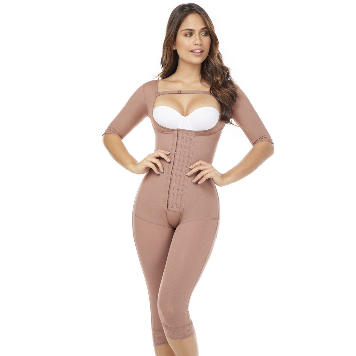 Fajas MariaE FQ114 | Post Surgery Colombian Shapewear | Knee Length Bodysuit | With Sleeves | Lipo Compression Garment