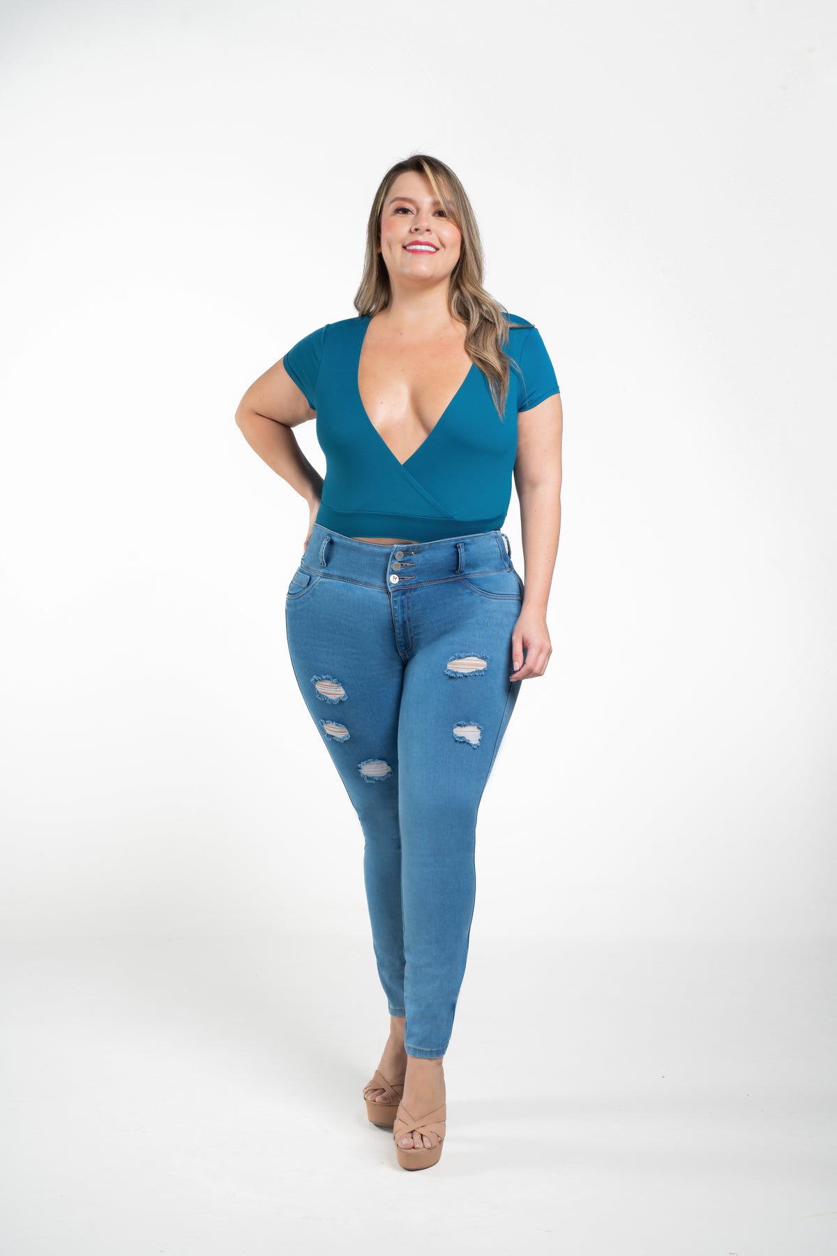 Destroyed Light Blue Push Up Jeans | HS1058