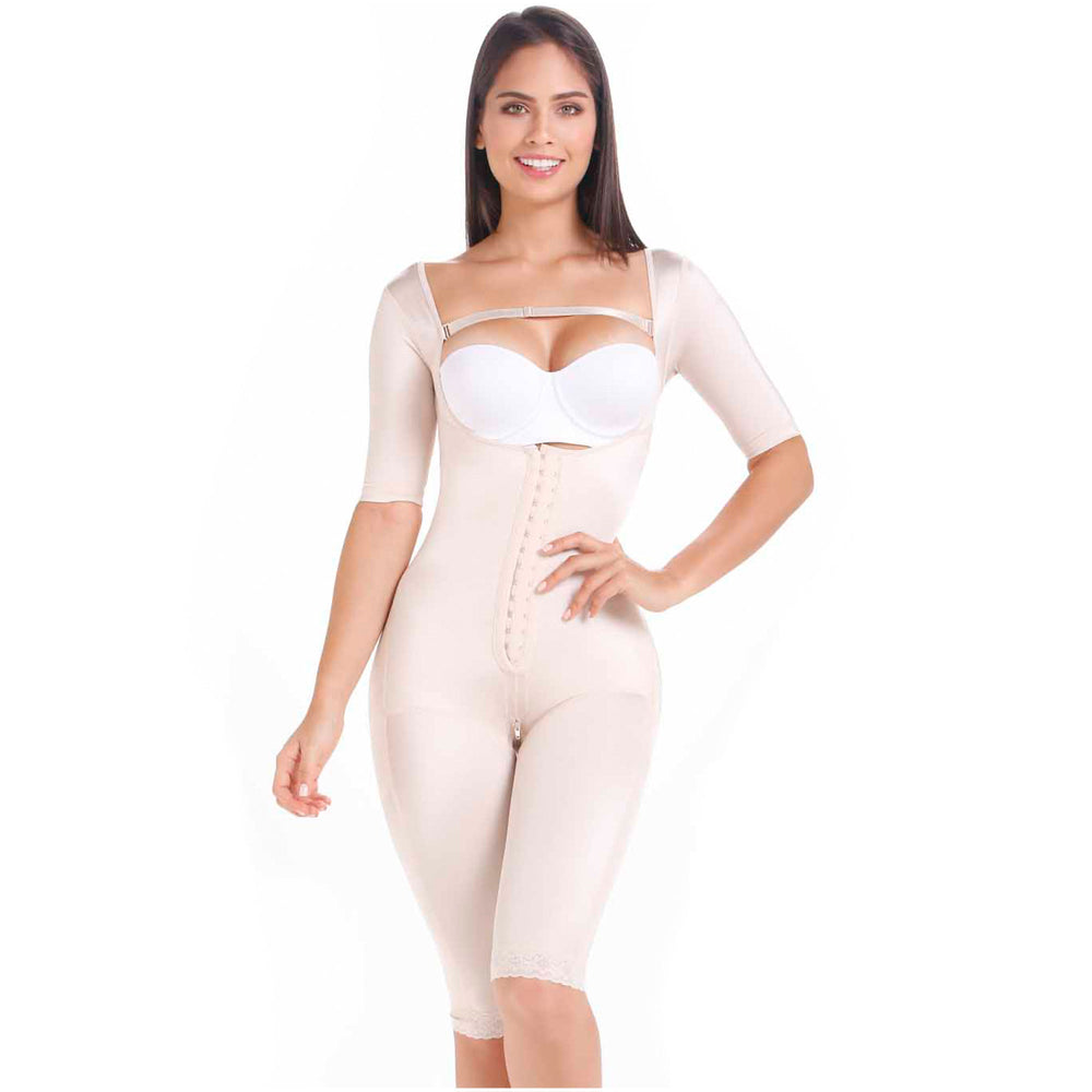 MariaE Fajas FQ104 | Long Post Surgery Bodysuit | Full Body Shaper | Tummy Control Butt Lifter Knee Length Shapewear | With Sleeves