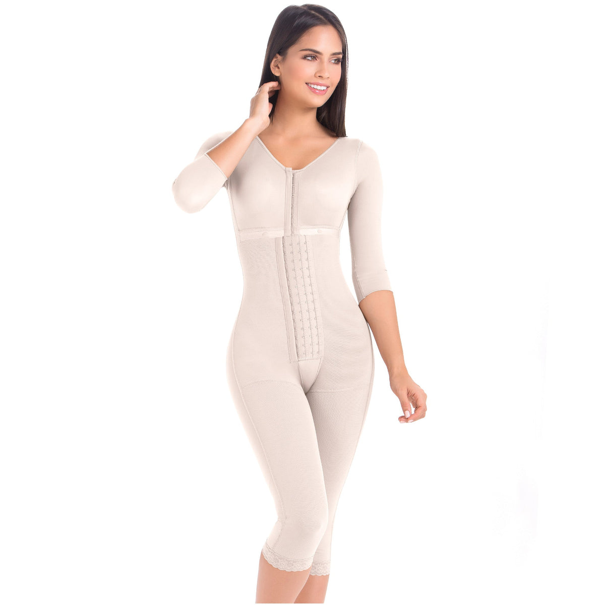 MariaE Fajas 9562 | Post Surgery Bodysuit | Full Body Shaper | Tummy Control Butt Lifter | Knee Length Shapewear with Sleeves