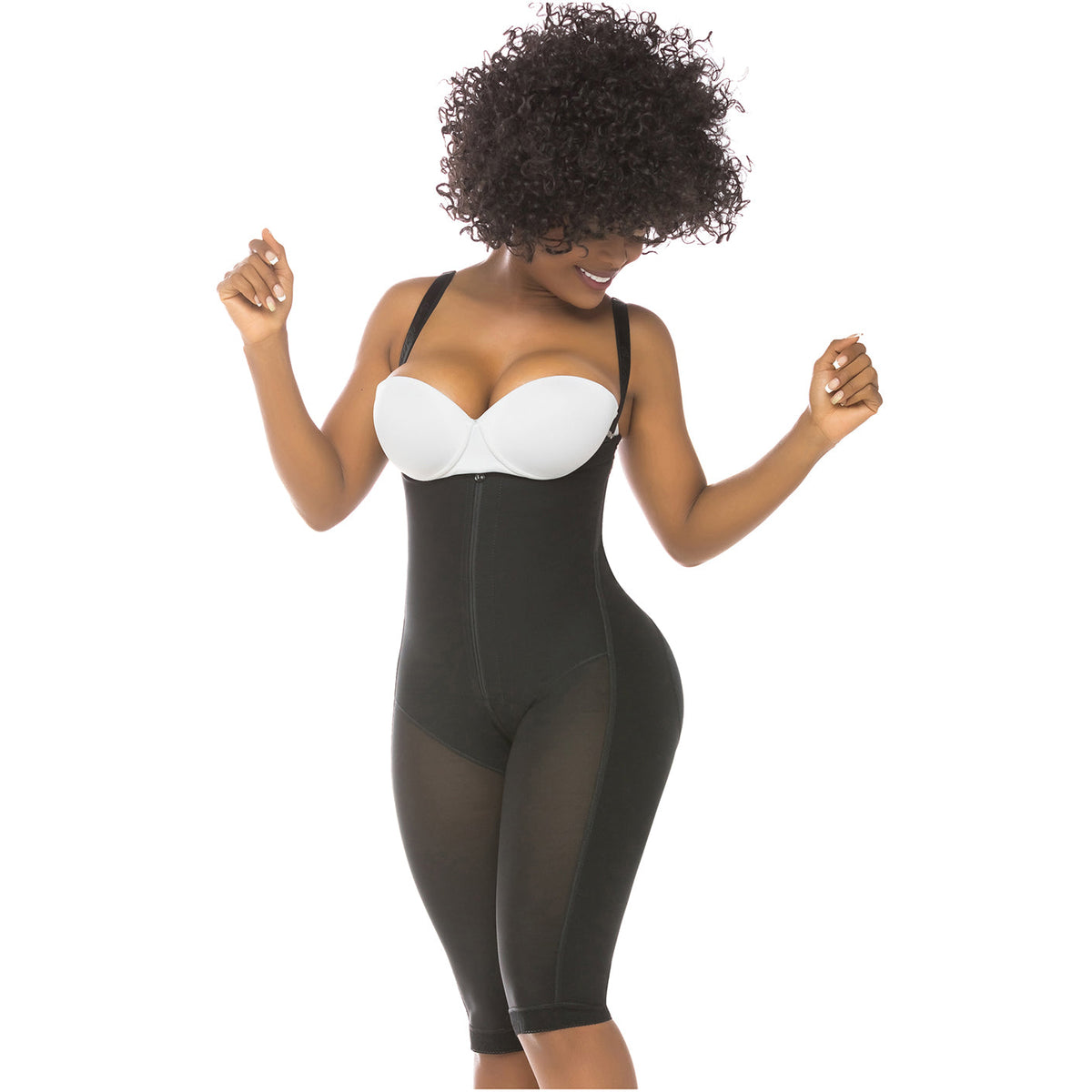 Fajas Salome 0515 | Soft Silicone Lace Open Bust | Postpartum Bodysuit | Knee Length Full Body Shaper